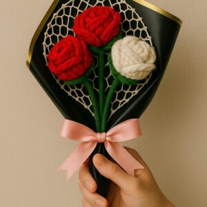 Handmade 3-Rose Bouquet – 2 Red, 1 White Crochet Flowers & Bow