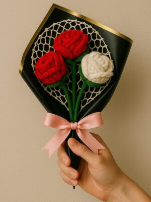 Handmade 3-Rose Bouquet – 2 Red, 1 White Crochet Flowers & Bow