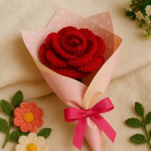 Big Red Rose Crochet Flower Bouquet – Handmade with Pink Wrap & Bow Red Rose Artificial Flower