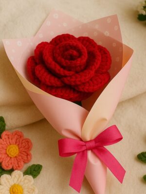Big Red Rose Crochet Flower Bouquet – Handmade with Pink Wrap & Bow Red Rose Artificial Flower