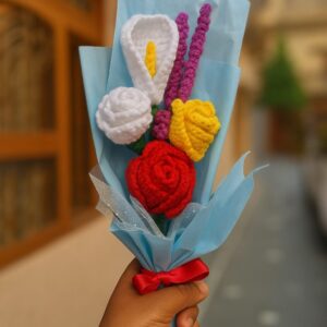 Crochet Flower Bouquet – 3 Roses, 2 Lavenders & Nagpushp in Blue Wrap with Ribbon