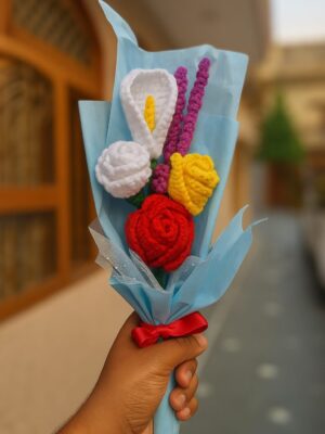 Crochet Flower Bouquet – 3 Roses, 2 Lavenders & Nagpushp in Blue Wrap with Ribbon
