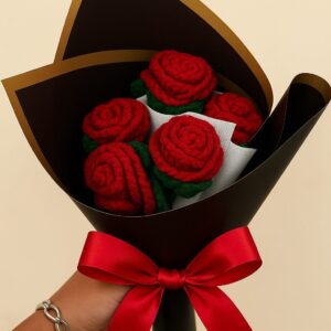 Crochet 5 Red Rose Bouquet - Wool Flower Bouquet in Elegant Black Gift Wrap & Red Bow