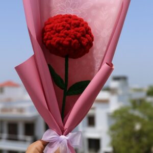 Handmade Crochet Carnation Flower – Red Wool Flower in Pink Wrap with Bow Red Carnations Artificial Flower