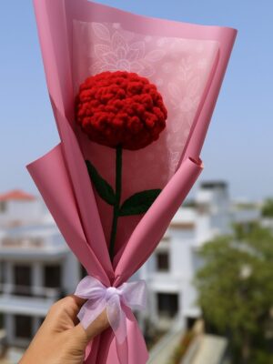 Handmade Crochet Carnation Flower – Red Wool Flower in Pink Wrap with Bow Red Carnations Artificial Flower