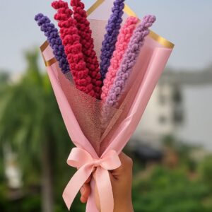 Crochet Lavender Bouquet – 6 Handmade Stems in Pink Gift Wrap