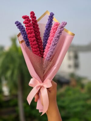 Crochet Lavender Bouquet – 6 Handmade Stems in Pink Gift Wrap