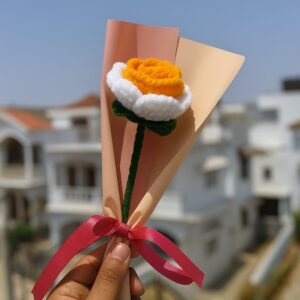 Crochet Orange White Rose – Woolen Flower Gift with Elegant Wrap Multicolor Rose Artificial Flower