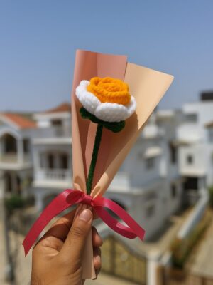 Crochet Orange White Rose – Woolen Flower Gift with Elegant Wrap Multicolor Rose Artificial Flower