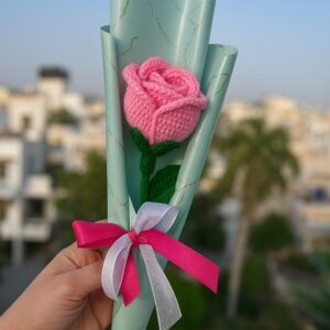 Crochet Pink Rose – Handmade Woolen Flower Gift in Green Gift Wrap Pink Rose Artificial Flower