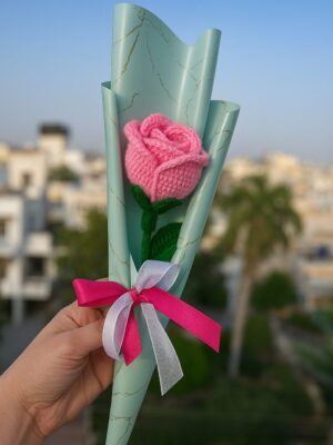 Crochet Pink Rose – Handmade Woolen Flower Gift in Green Gift Wrap Pink Rose Artificial Flower