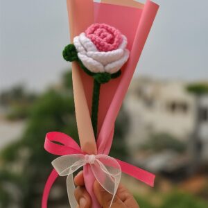 Crochet Pink & White Rose – Handmade Wool Flower Gift with Ribbon Wrap Multicolor Rose Artificial Flower