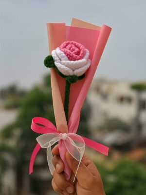 Crochet Pink & White Rose – Handmade Wool Flower Gift with Ribbon Wrap Multicolor Rose Artificial Flower