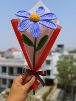 Crochet Purple Lily – Handmade Wool Flower with Red Wrap & Ribbon