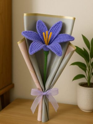 Crochet Purple Lily – Handmade Wool Flower Gift with Pastel Wrap & Bow Purple Lily Artificial Flower