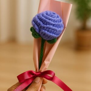 Crochet Purple Rose – Handmade Wool Flower Gift with Pink Wrap