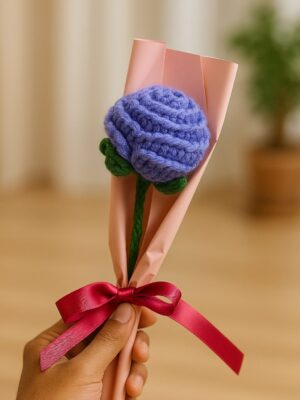 Crochet Purple Rose – Handmade Wool Flower Gift with Pink Wrap