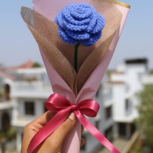 Purple Crochet Rose – Handmade Flower with Jute, Pink Gift Wrap & Pink Bow