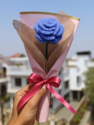 Purple Crochet Rose – Handmade Flower with Jute, Pink Gift Wrap & Pink Bow