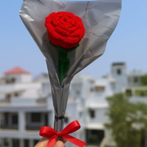 Crochet Red Rose – Handmade Wool Flower with Grey Wrap & Red Ribbon