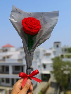 Crochet Red Rose – Handmade Wool Flower with Grey Wrap & Red Ribbon