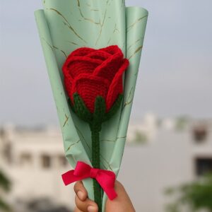 Romantic Crochet Red Rose – Woolen Flower in Gift Wrap with Ribbon Red Rose Artificial Flower