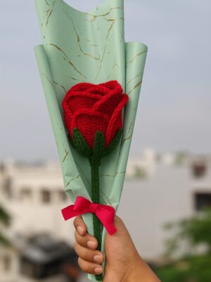 Romantic Crochet Red Rose – Woolen Flower in Gift Wrap with Ribbon Red Rose Artificial Flower