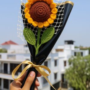 Crochet Sunflower – Handmade Wool Flower with Black Wrap & Ribbon