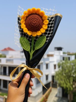 Crochet Sunflower – Handmade Wool Flower with Black Wrap & Ribbon