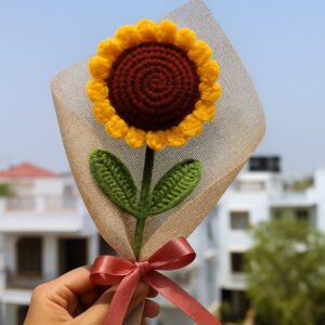 Crochet Sunflower – Handmade Wool Flower with Net Wrap & Red Ribbon Yellow Sunflower Artificial Flower
