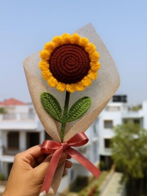 Crochet Sunflower – Handmade Wool Flower with Net Wrap & Red Ribbon Yellow Sunflower Artificial Flower