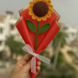 Crochet Sunflower – Handmade Wool Flower with Red Wrap & White Bow