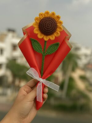Crochet Sunflower – Handmade Wool Flower with Red Wrap & White Bow