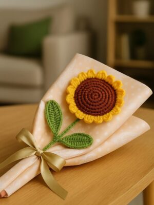 Handmade Crochet Sunflower – Wool Flower with Gift Wrap & Ribbon Multicolor Sunflower Artificial Flower