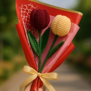 2-Tulip Crochet Bouquet – Wine Red & Yellow Wool Flowers for Gifting Multicolor Tulips Artificial Flower