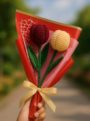 2-Tulip Crochet Bouquet – Wine Red & Yellow Wool Flowers for Gifting Multicolor Tulips Artificial Flower