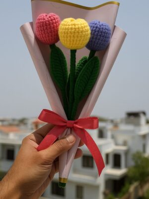 Crochet Tulips – Handmade Wool Flower Set (Pink, Yellow, Purple) Multicolor Tulips Artificial Flower