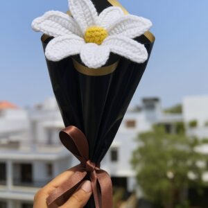 Handmade Crochet White Lily – Wool Flower with Black Gift Wrap White Lily Artificial Flower