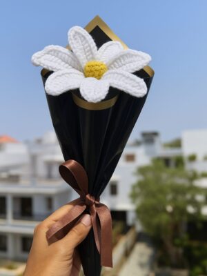 Handmade Crochet White Lily – Wool Flower with Black Gift Wrap White Lily Artificial Flower