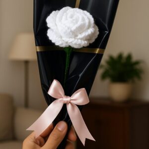 Handmade Crochet White Rose – Flower with Black Gift Wrap & Bow White Rose Artificial Flower