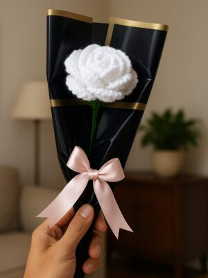 Handmade Crochet White Rose – Flower with Black Gift Wrap & Bow White Rose Artificial Flower