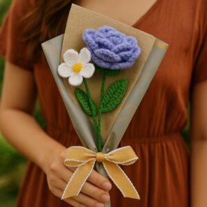Handmade Purple Rose & White Forget-Me-Not – Wool Flowers in Gift Wrap with Ribbon