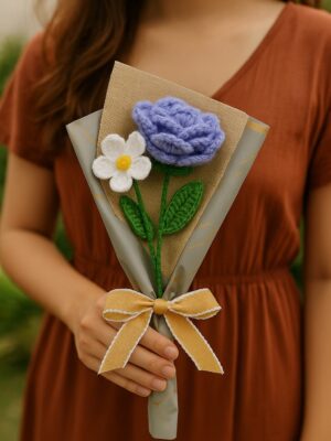 Handmade Purple Rose & White Forget-Me-Not – Wool Flowers in Gift Wrap with Ribbon